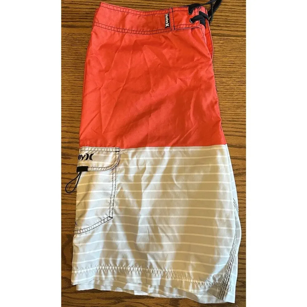Hurley Board Shorts Men’s 34 Red Gray‎ White Stripe Swim Trunks